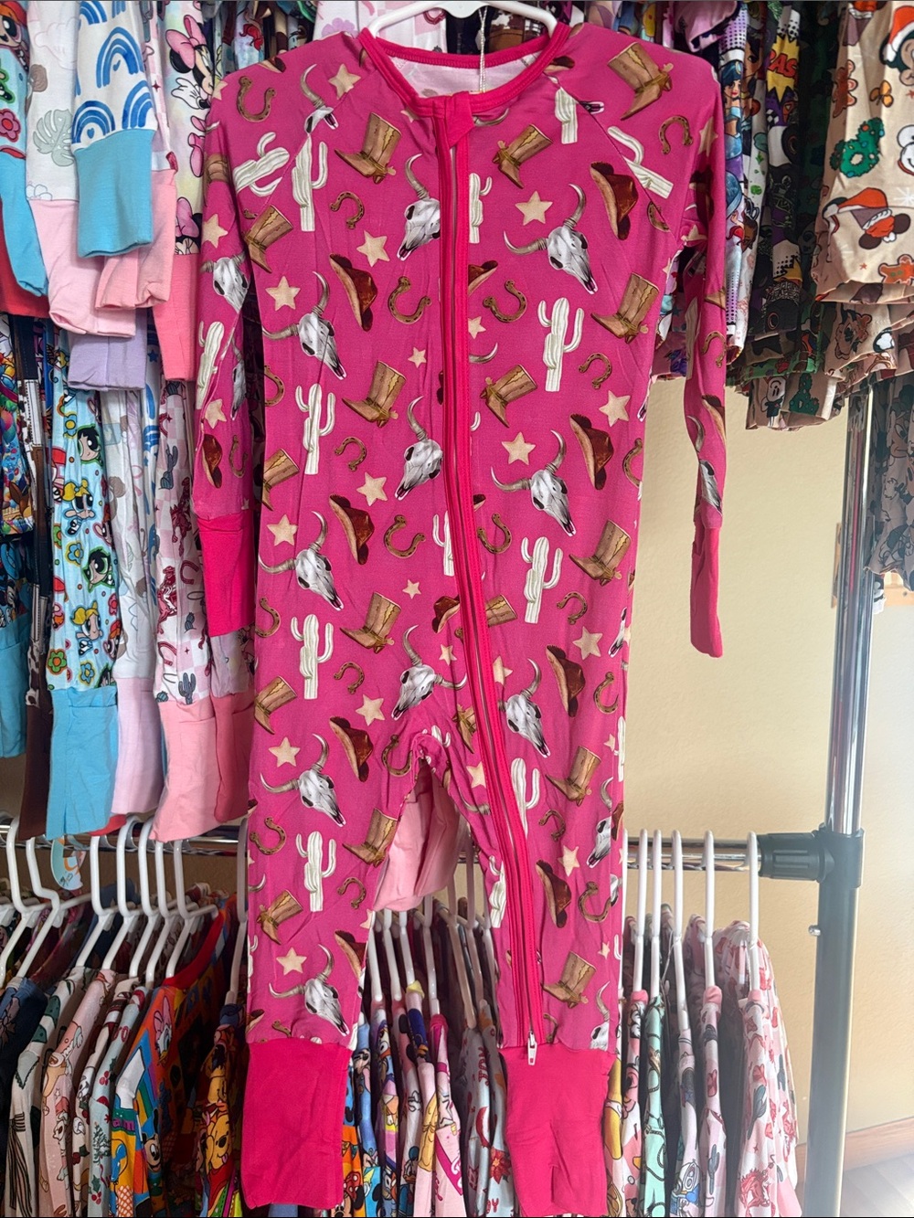 Bamboo Pink Western-Print One-Piece double Zipper Pajamas
